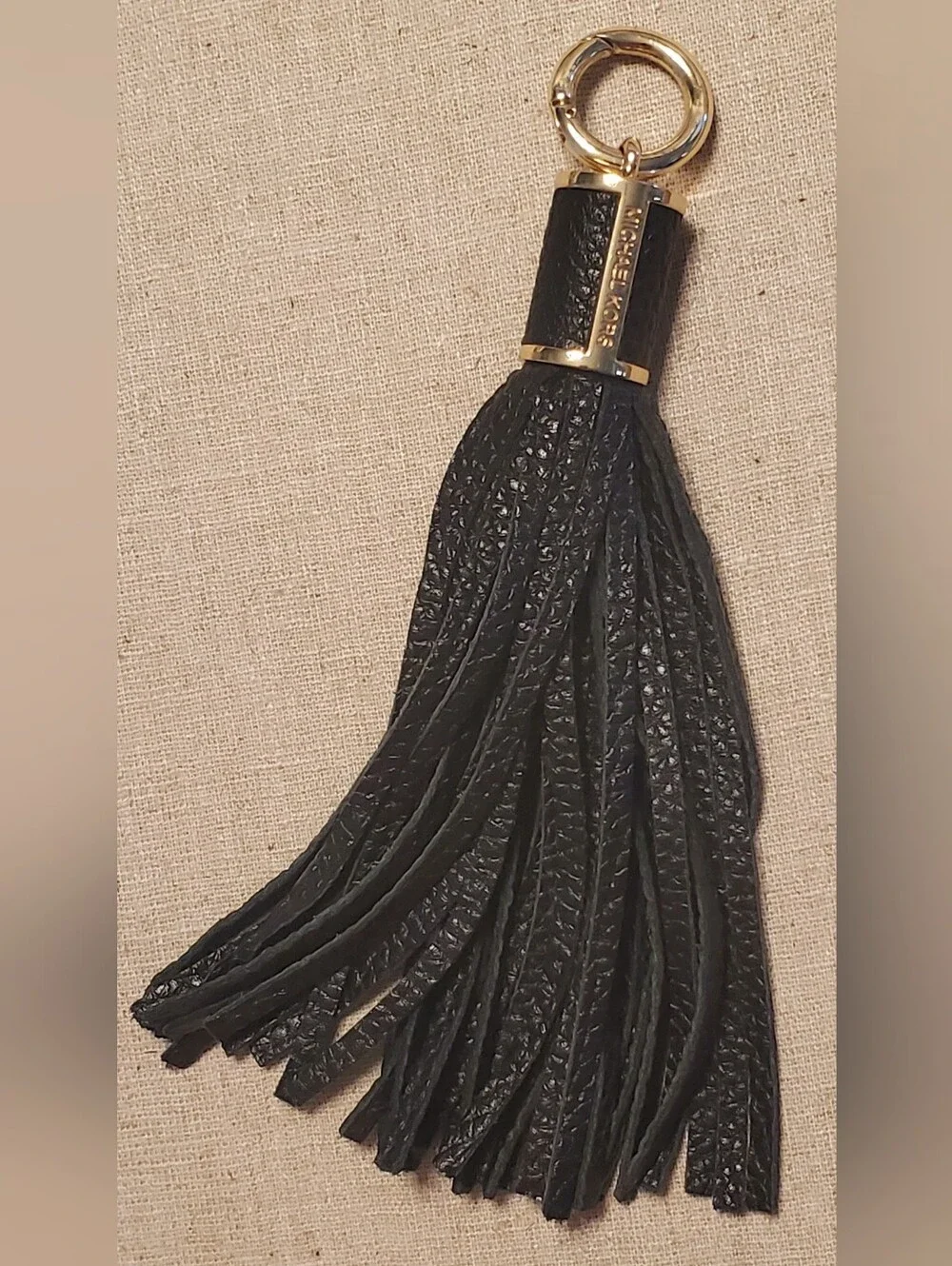 New Michael Kors Black Leather Tassel Keychain / Key Fob Handbag Charm Gold Tone